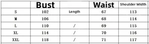 Size chart for denim midi dress showing bust, shoulder, and length measurements for S to XXL