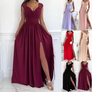 Women Elegant V Neck Lace Patchwork High Split Maxi Dress Sexy Backless Solid Color Evening Gown For Banquet Wedding Party