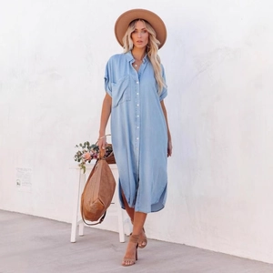 Women's Casual Denim Midi Shirt Dress Short Sleeve Button Up Side Slit Lapel Loose Summer Beach Vacation Dress With Pocket