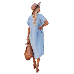 Women's light blue V-neck denim midi dress with rolled sleeves and a stylish back view