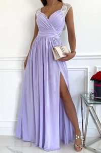 Close-up of lavender satin dress featuring delicate white floral lace on the shoulders