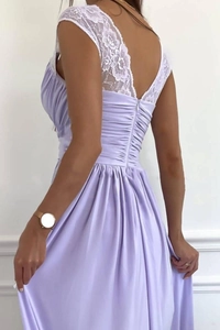 Detail of lavender sleeveless maxi dress with lace stitching and a deep V-back design