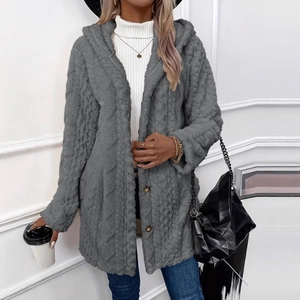 Manteau gris à capuche pour femme en peau de mouton synthétique à motif losanges