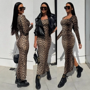 Robe Maxi Sexy Imprimé Léopard Manches Longues Col Carré Moulante Fente Robe Longue Élégante Noir pour Femmes Fête