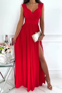 Detail of elegant red deep V-neck evening dress featuring high slit and cinched waist