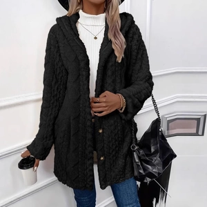 Manteau à capuche pour femme en polaire sherpa noire avec boutons et coupe mi-longue