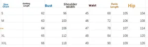 Detailed size chart for women's two-piece set with measurements from S to XXL