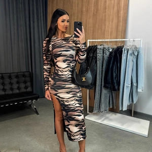 Robe Midi Femme Sexy Coupe Slim Manches Longues Imprimé Animal Zèbre Floral Fente Haute Dos Nu Moulante Robe de Fête