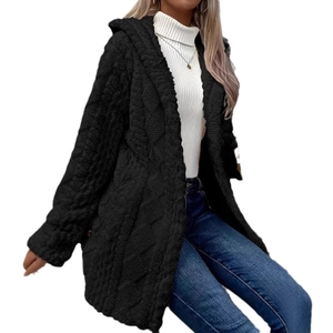 Veste à capuche en polaire noire pour femme avec texture sherpa et coupe longue ouverte