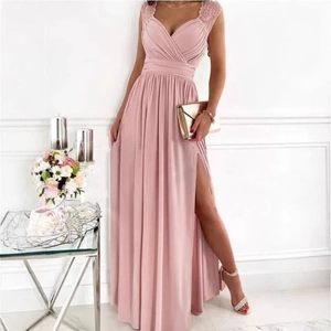 Elegant mauve pink sleeveless V-neck maxi dress with lace sleeves and high side slit