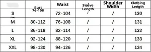 Tableau détaillé des tailles pour robe maxi d'été avec mesures de buste et taille