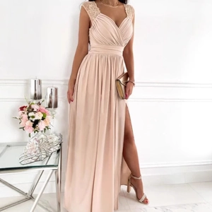 Elegant champagne V-neck evening maxi dress with lace sleeves and high side slit