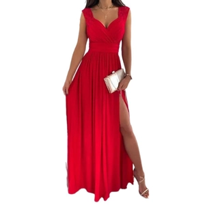 Elegant red sleeveless V-neck maxi dress with wrap waist and high side slit detail