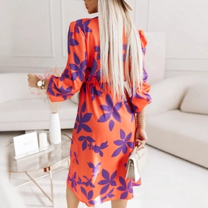 Elegante abito midi floreale arancione con scollo a V e consistenza satinata per donna