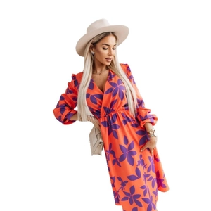 Abito midi da donna con scollo a V e maniche lunghe con stampa floreale arancione vivace