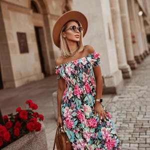 Summer off-shoulder floral maxi dress with smocked bodice and vibrant flower print