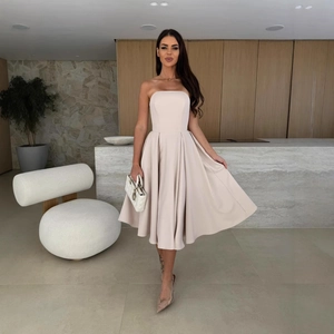Women Elegant Strapless Tube Top Midi Dress Solid Color High Waist A-Line Full Swing Skirt Party Evening Banquet Gown