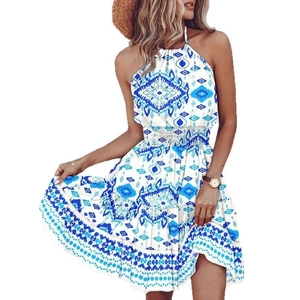 Bohemian white and blue floral halter dress with elastic waist for summer women fashion