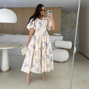 Elegant Women V-Neck Puff Sleeve Floral Print Maxi Dress Beige Purple Flower A-Line Tie Waist Vacation Beach Long Dress