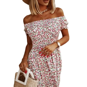 Floral off-shoulder mini dress with smocked waist and puff sleeves for summer vacations