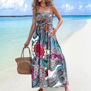 Bohemian paisley print maxi dress with spaghetti straps for summer beach vacation