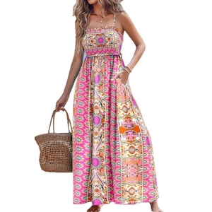 Bohemian floral print long maxi dress with thin straps and elastic waist in bright pink