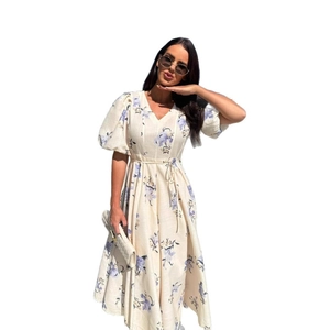 Floral V-neck puff sleeve maxi dress in cream and lilac with adjustable waist tie