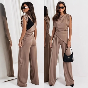 Women's minimalist khaki two-piece set featuring sleeveless top and wide-leg trousers