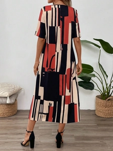 Detailed back view of casual maxi dress with geometric print and breathable fabric