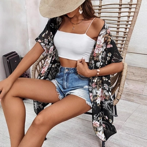 Women's black floral chiffon kimono cardigan with 3/4 sleeves and pink flower prints