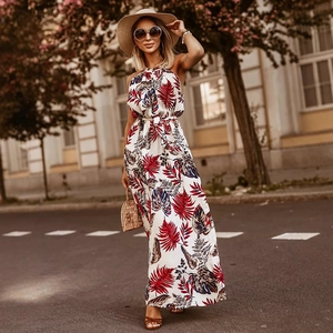 Women's halter neck maxi dress with tropical floral print for beach summer vacation
