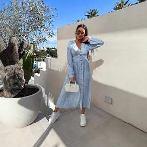 Floral print long sleeve V-neck maxi dress with buttons and waist-tie in sky blue fabric