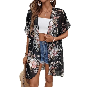 Sheer black floral chiffon kimono cardigan with pink flower print and loose half sleeves