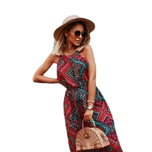 Bohemian floral print halter neck dress with geometric patterns for beach vacation