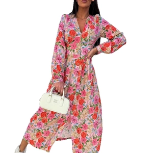 Floral V-neck long sleeve maxi dress with button details and high waist bohemian print