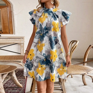 Robe d'Été Bohème à Imprimé Floral pour Femme Manches Volantes Col Montant à Volants Ligne A Robe Midi Vacances