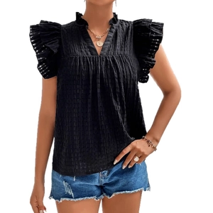 Elegant women's black V-neck top with multi-layer ruffle sleeves and subtle textured fabric