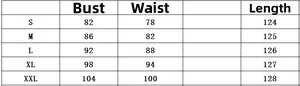 Size chart for summer printed maxi dress showing bust, waist, and length measurements