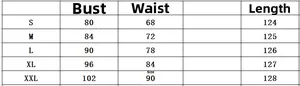 Size guide for women's summer drawstring split dress showing bust waist and length