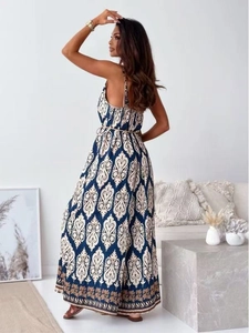 Detail of bohemian floral print maxi dress with V-neck and drawstring waist cord
