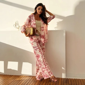 Women's 2-piece floral cotton linen set with open cardigan and wide leg pants