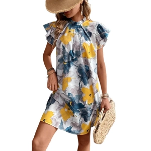 Robe d'été fleurie à col en V pour femme avec volants et manches papillon