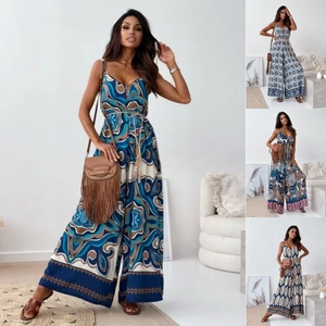 Women Sleeveless V-Neck Wide Leg Jumpsuit Bohemian Tropical Floral Paisley Print Resort Wear Romper With Belt