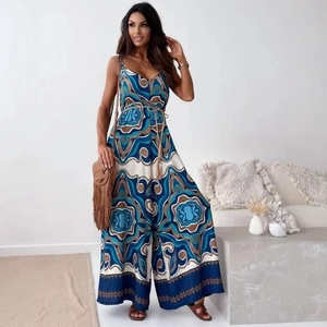 Summer V-neck wide leg jumpsuit with bohemian floral pattern and waist belt for women