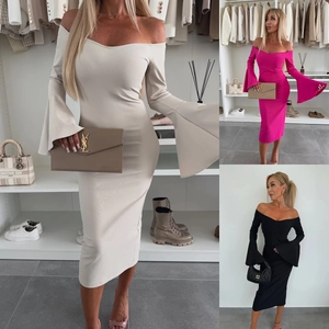 Robe Midi Femme Sexy Épaules Dénudées Manches Cloche Bodycon Élégant Couleur Unie Tricot Nervuré Manches Longues Coupe Slim Fête