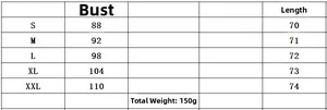 Detailed size chart for V-neck lace vest showing bust and length from S to XXL