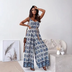 Bohemian floral print jumpsuit with V-neck spaghetti straps and woven waist belt