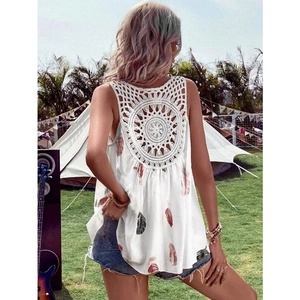 Bohemian V-neck sleeveless top with back crochet lace pattern and feather print detail