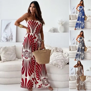 Combinaison Femme Jambe Large Sans Bretelles Imprimé Floral Ethnique Sans Manches Barboteuse Bohème Vacances Été Mode