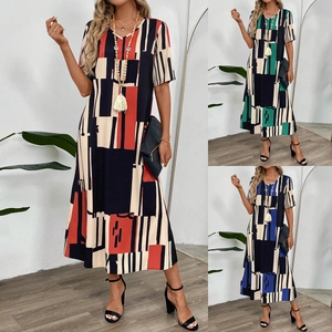Women V Neck Short Sleeve Geometric Print Maxi Dress Casual Loose H-Line Summer Dress Boho Style Vacation Beachwear